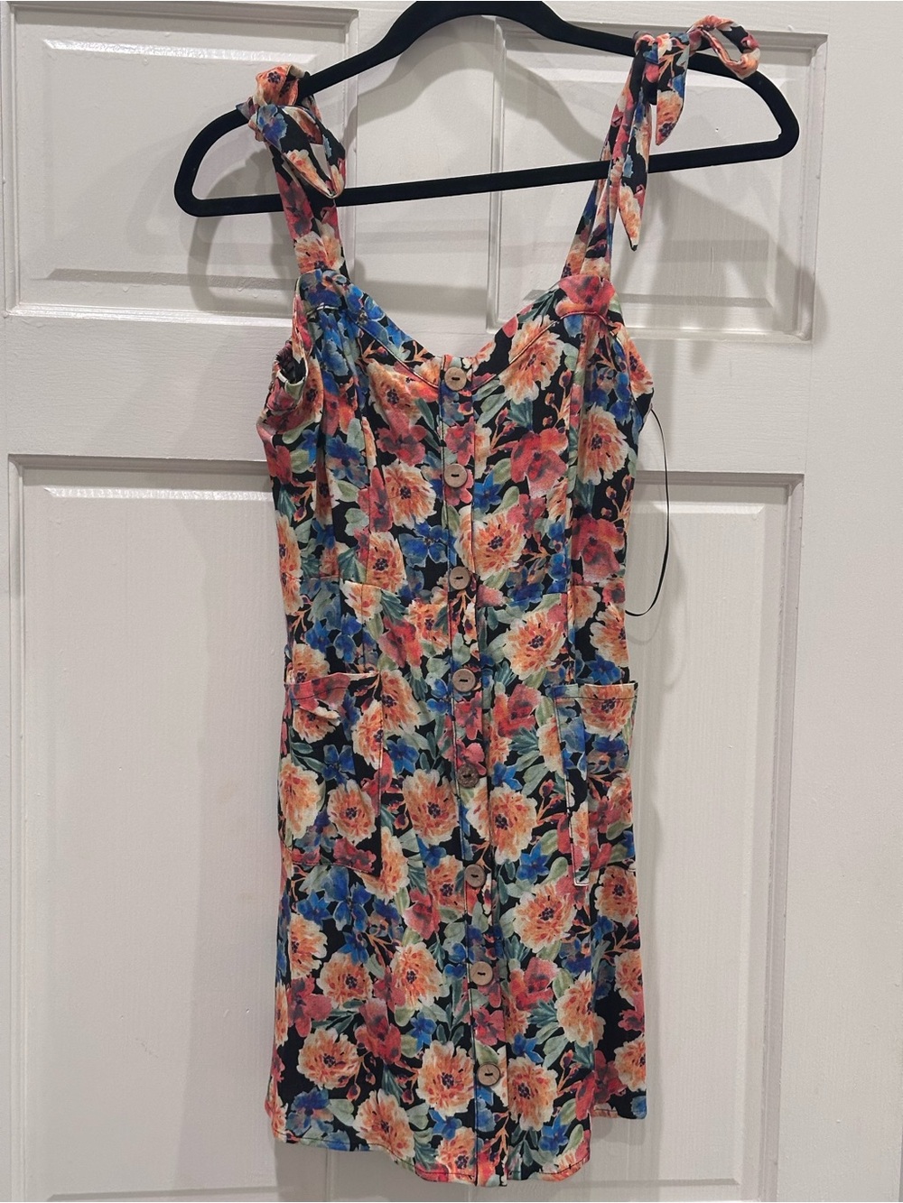 Vici Floral Tie-Shoulder Button-Front Camisole Top - Black, Blue, Coral